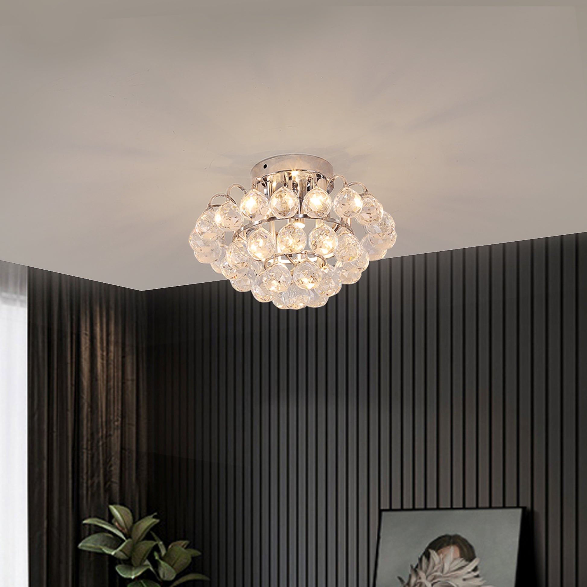 HOMCOM Crystal Ceiling Lamp Chandelier Hallway Flush Mount Pendant 3 Light ?30cm Silver
