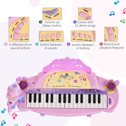HOMCOM Mini Electronic Organ Piano W/Microphone and Stool-Purple/Pink