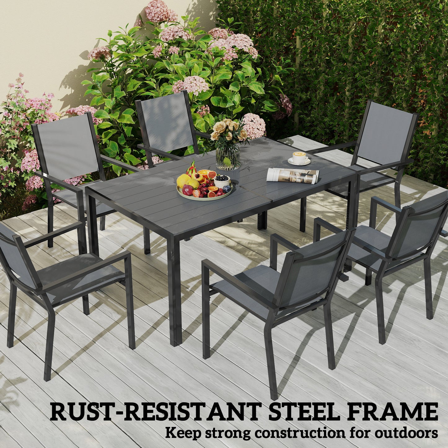 Outsunny 7 Piece Garden Dining Set, Outdoor Furniture Set with 6 Stackable Chairs and 150 cm Rectangle Table, WPC Slatted Top, Rust-Resistant Steel Frame, for Garden, Porch, Terrace