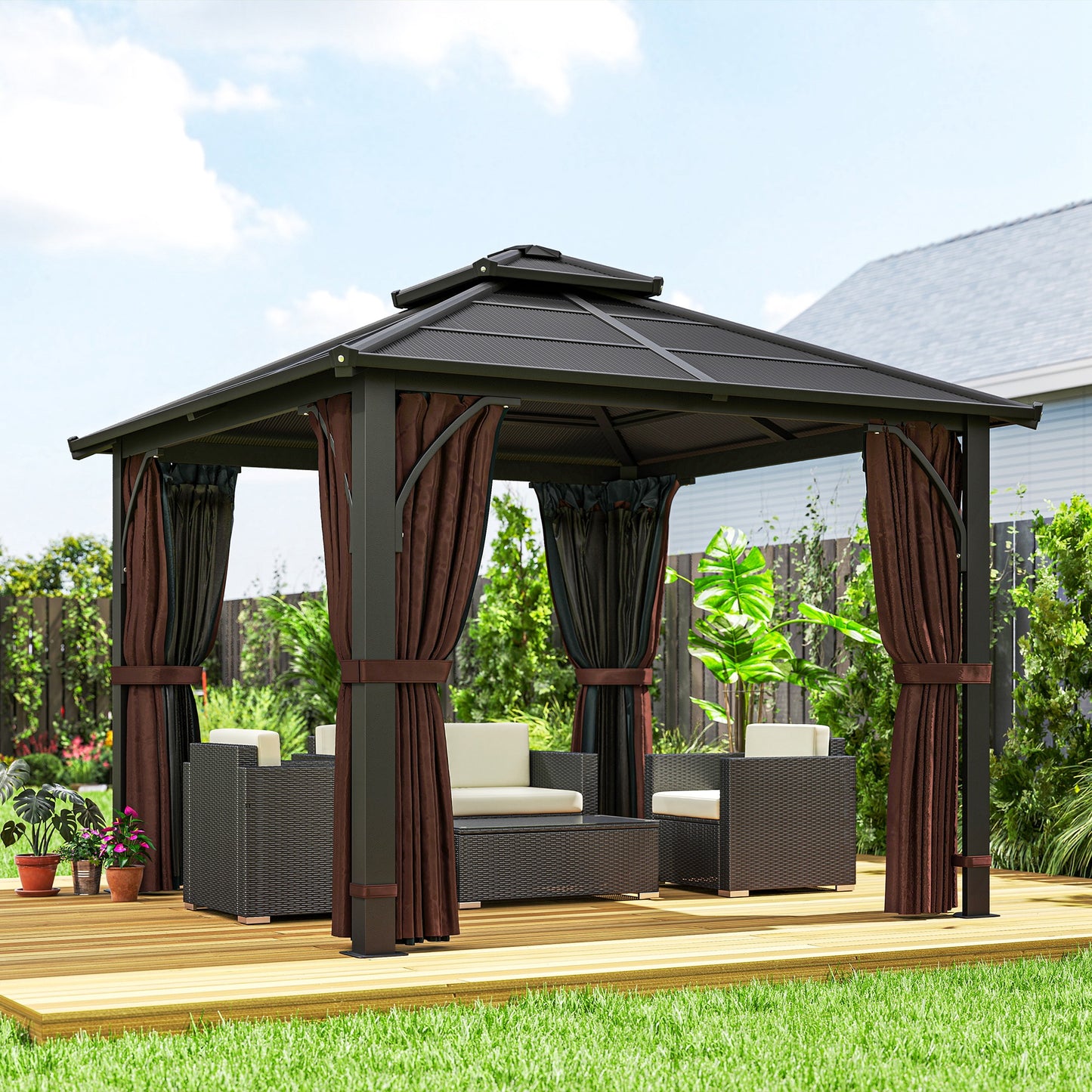 Outsunny 3 x 3(m) Hardtop Gazebo Canopy with 7mm Double Polycarbonate Roof, Garden Gazebo Permanent Pavilion with Mosquito Netting and Curtains for Patio, Deck, Brown