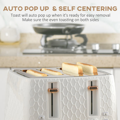 HOMCOM 1.7L 3000W Fast Boil Kettle & 4 Slice Toaster Set, Kettle and Toaster Set with 7 Browning Controls, Crumb Tray, White