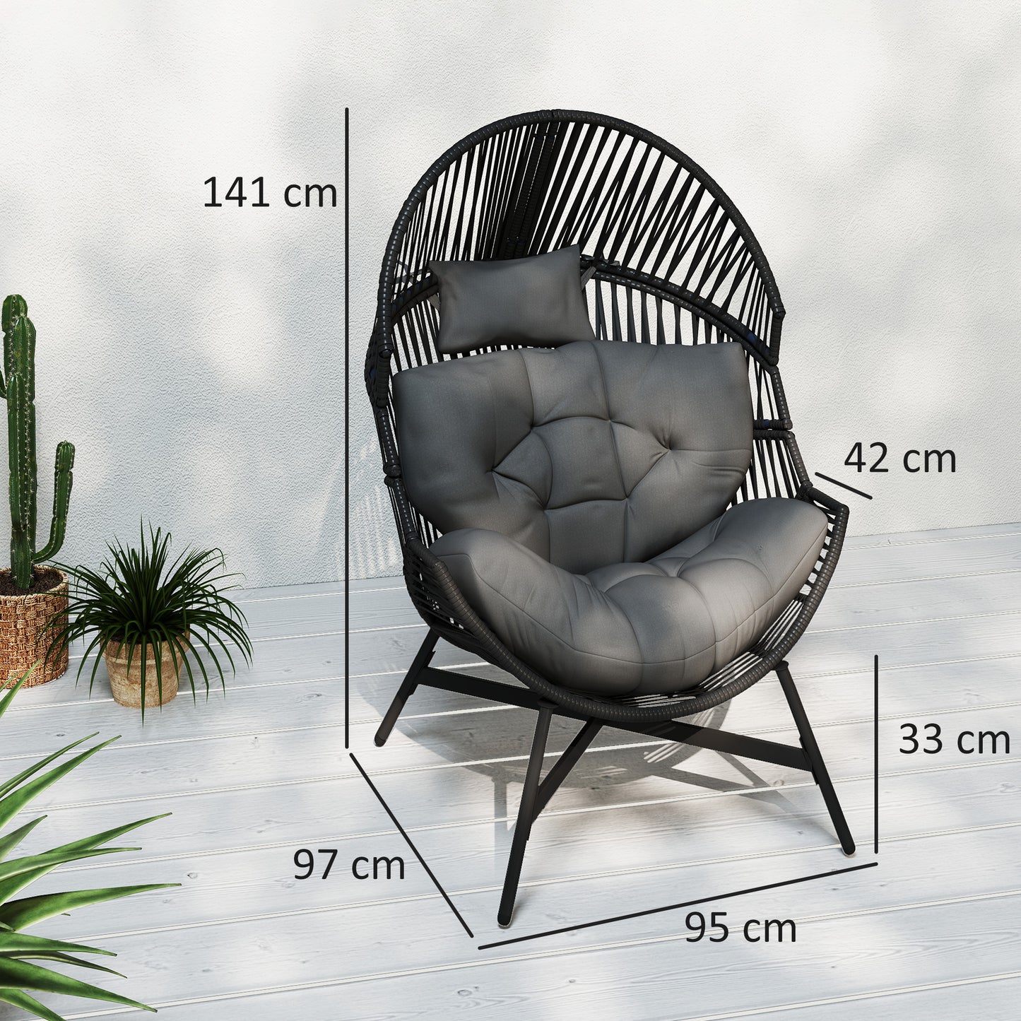 Outsunny Rattan Egg Chair, Oversized Freestanding Garden Egg Chair with Thick Tufted Cushion, Headrest, Steel Frame for Indoor and Outdoor Use, Charcoal Grey