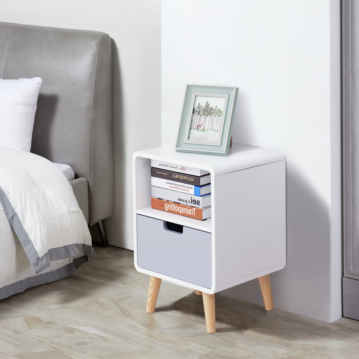 HOMCOM Scandinavian Style Bedside Table, 40Lx38Wx58H cm-White/Grey/Natural Wood Colour