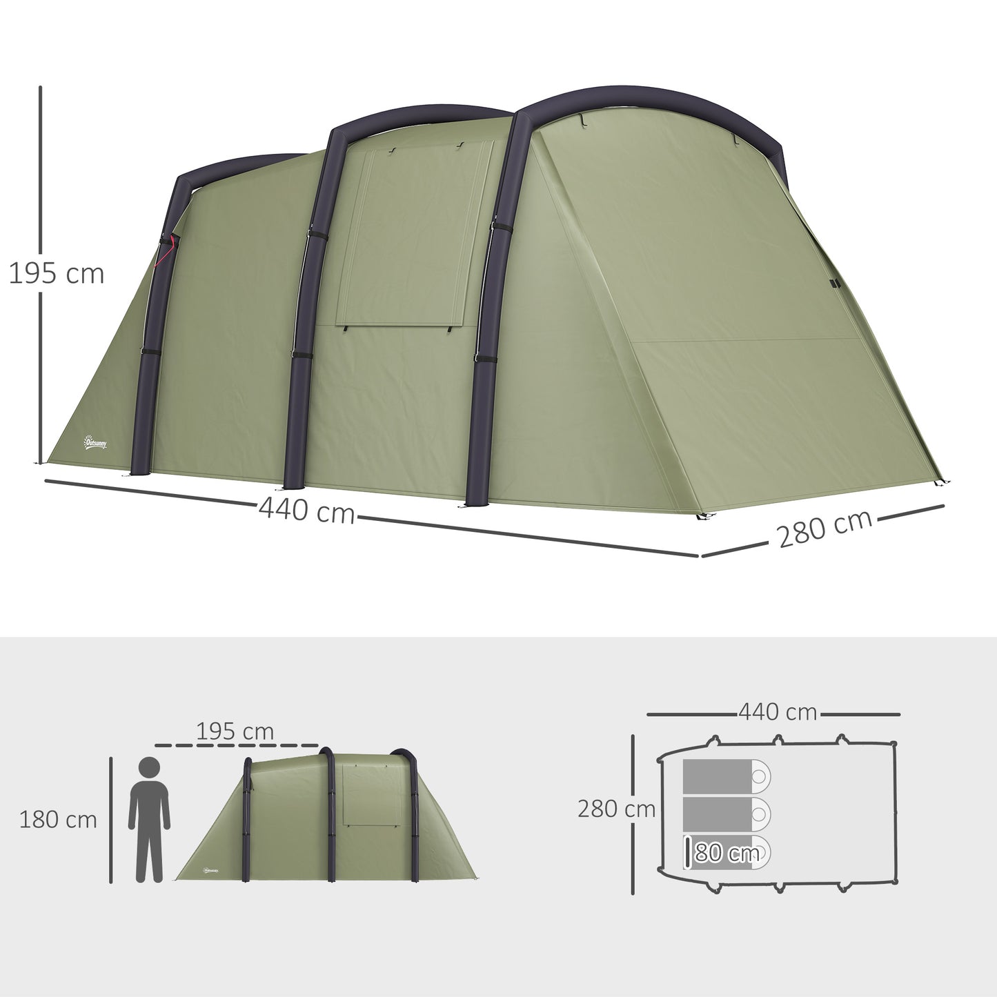 Outsunny Inflatable 3-4 Man Tunnel Tent w/ Air Pump, Living Area & Vestibule, Waterproof Family Camping Air Tent w/ Sewn In Groundsheet & Removable Footprint for Camping, Hiking, Olive Green