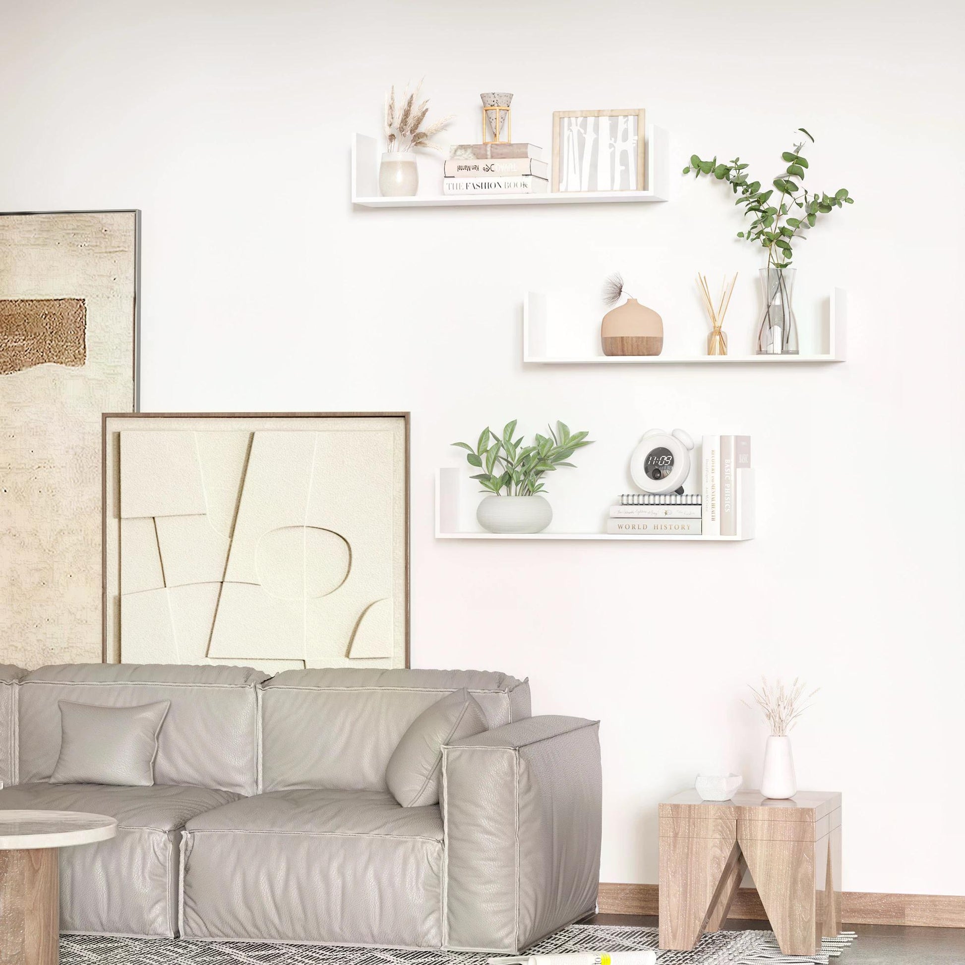 HOMCOM Set of 3 Wooden U-Shaped Floating Shelves Set Wall Mounted Hanging Bookshelf CD DVD Storage Display for Bedroom Living Room Kitchen, White