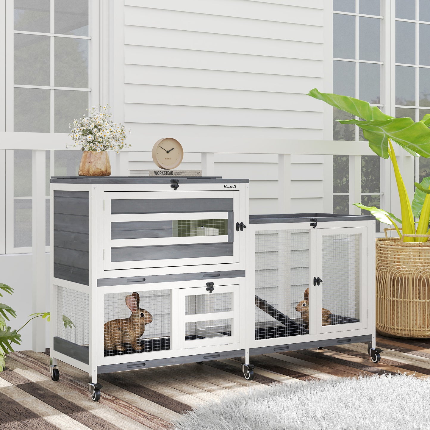 PawHut Wooden Rabbit Hutch with Run, 2-Tier Guinea Pig Hutch with Run, Wheels, 3 Plastic Trays, 2 Openable Top, for 2-3 Rabbits