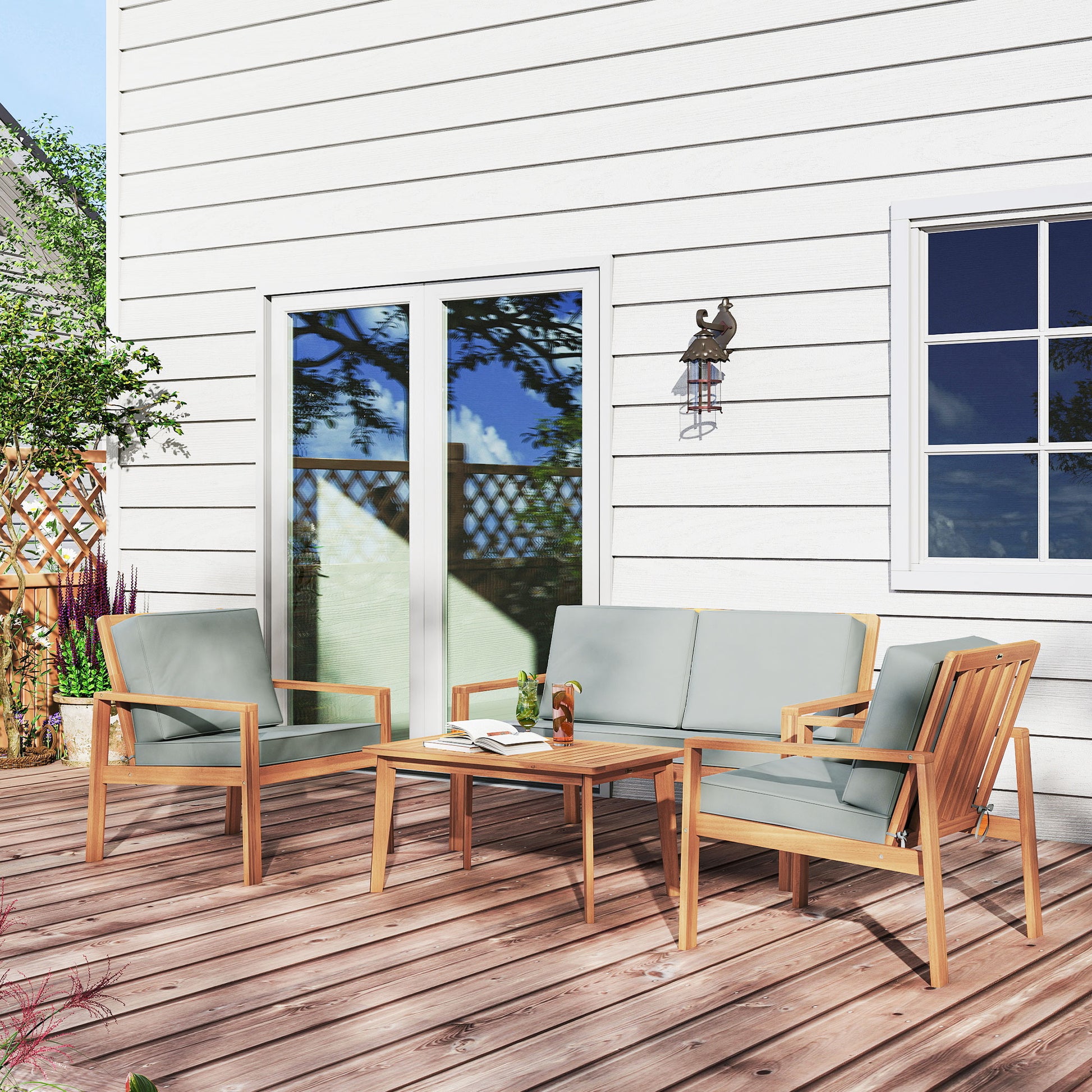 Outsunny 4-Piece Wooden Garden Furniture Set with Cushions - Teak