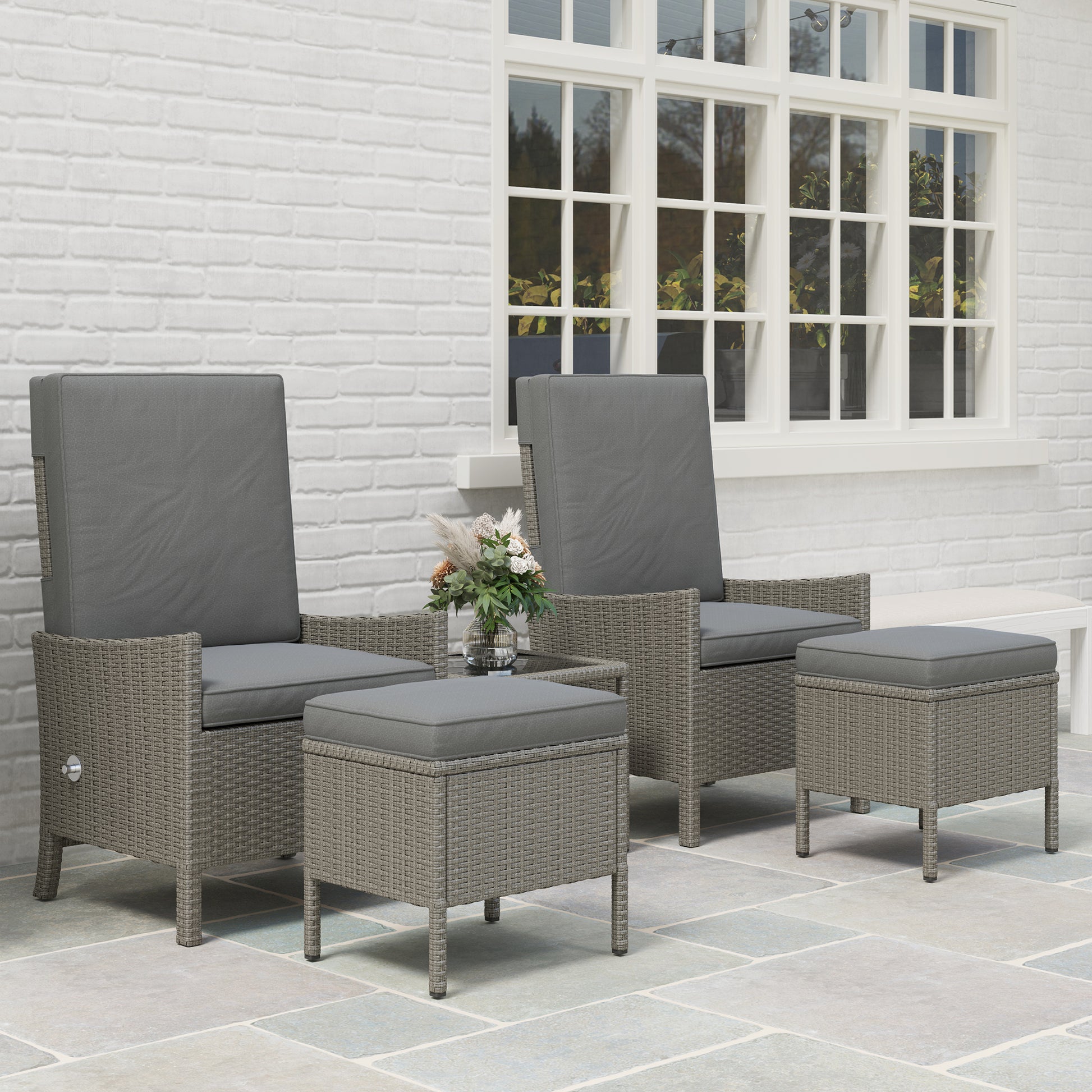 Outsunny 5 Piece Rattan Garden Furniture Set, Wicker Patio Sofa Set with 2 Armchairs, 2 Footstools, Glass Top Coffee Table with Shelf, Outdoor Furniture with Adjustable Backrests, Cushions, Dark Grey