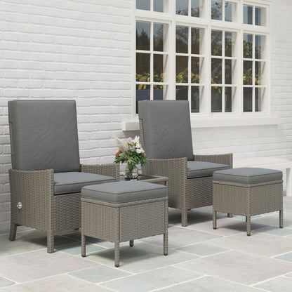 Outsunny 5 Piece Rattan Garden Furniture Set, Wicker Patio Sofa Set with 2 Armchairs, 2 Footstools, Glass Top Coffee Table with Shelf, Outdoor Furniture with Adjustable Backrests, Cushions, Dark Grey