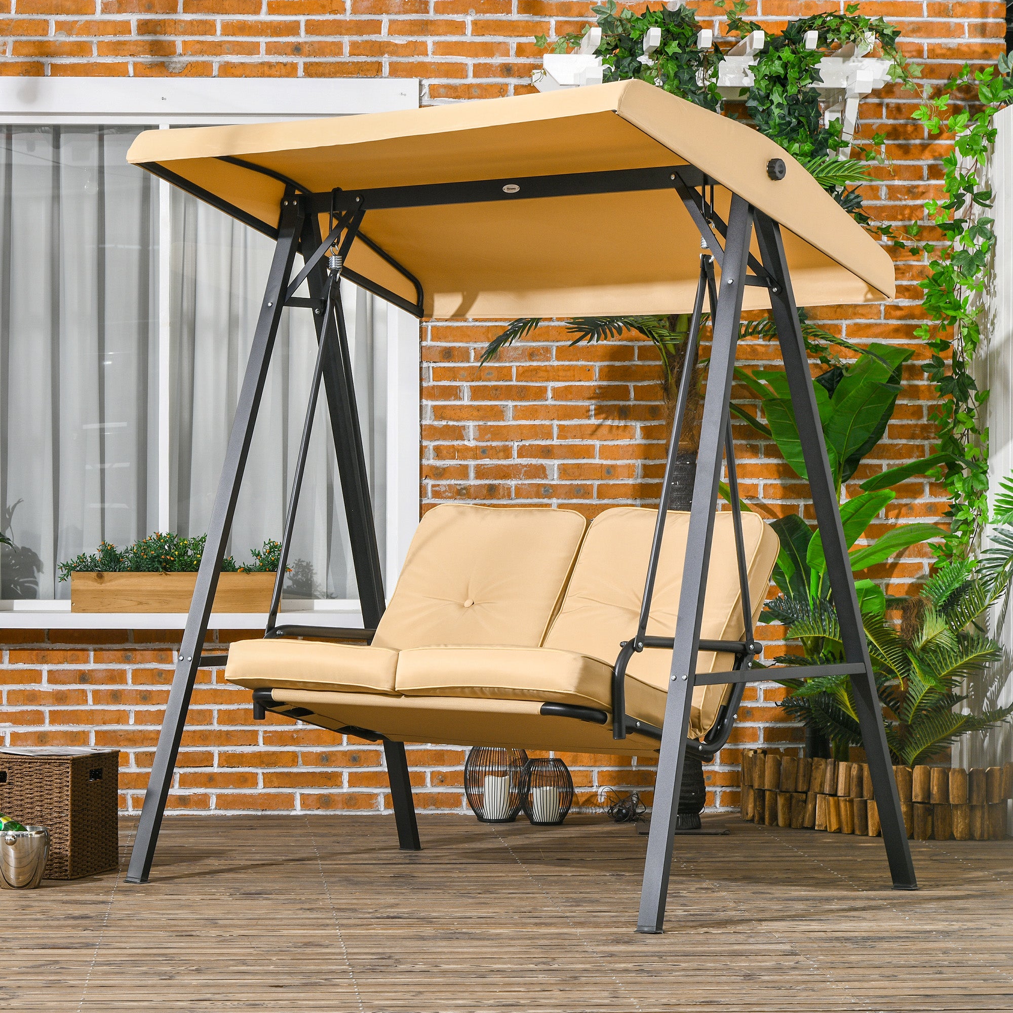 Outsunny Two-Seater Garden Swing Bench, with Adjustable Canopy - Beige ...