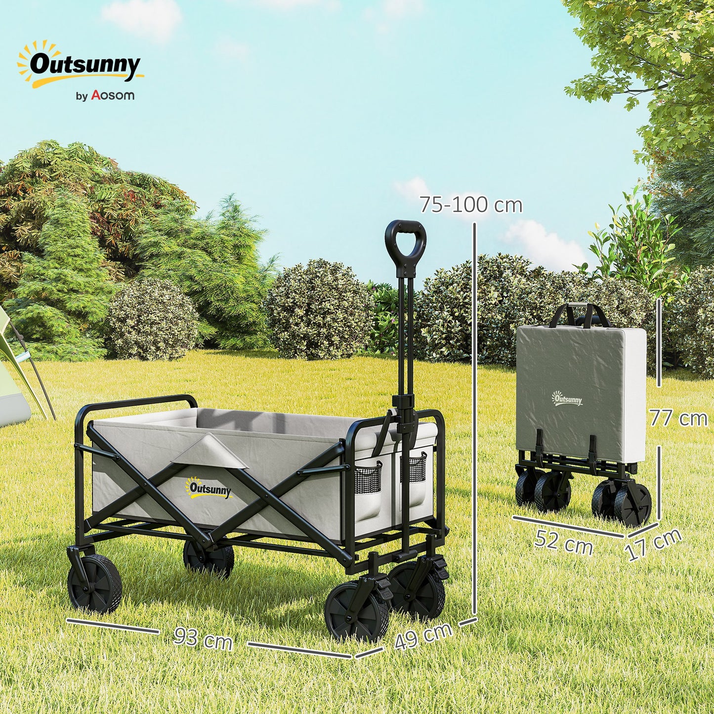 Outsunny Folding Pull Along Cart Cargo Wagon Trolley with Telescopic Handle - Dark Grey