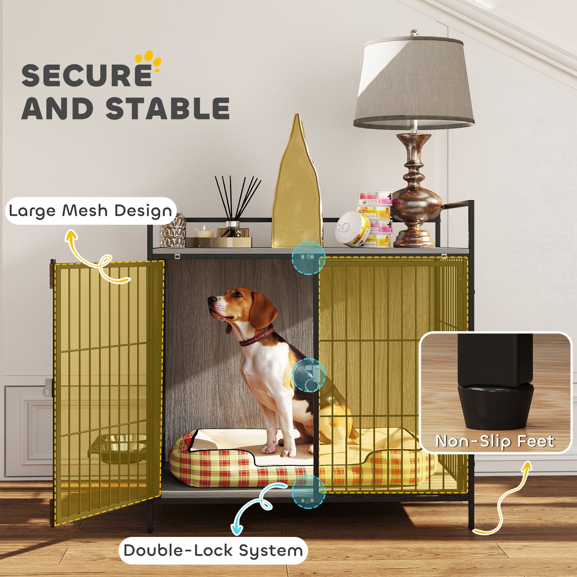 PawHut Dog Crate Furniture with Rotating Bowl Holder, 2 Bowls, 2 Doors, for Medium Dogs, 80 x 56 x 76.5 cm, Grey