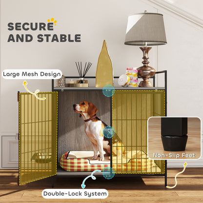 PawHut Dog Crate Furniture with Rotating Bowl Holder, 2 Bowls, 2 Doors, for Medium Dogs, 80 x 56 x 76.5 cm, Grey