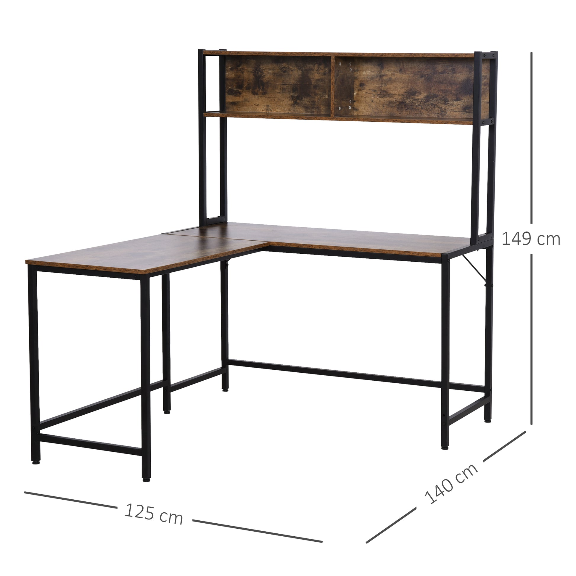 HOMCOM Industrial L-Shaped Work Desk & Storage Shelf Steel Frame Adjustable Feet Corner Workstation Home Office Study Stylish Brown Black