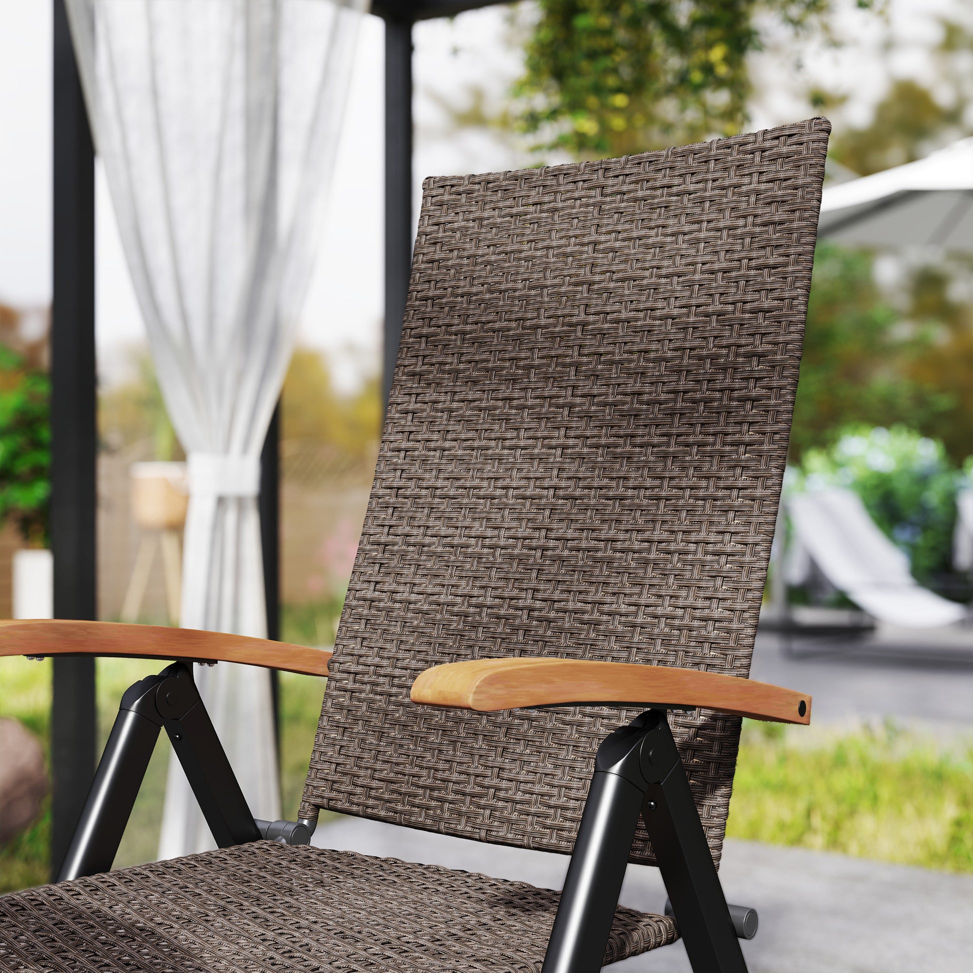 Outsunny 2 Pieces Outdoor Foldable Dining Chair with Armrests, High Backrest, for Garden, Camping, Balcony, Brown