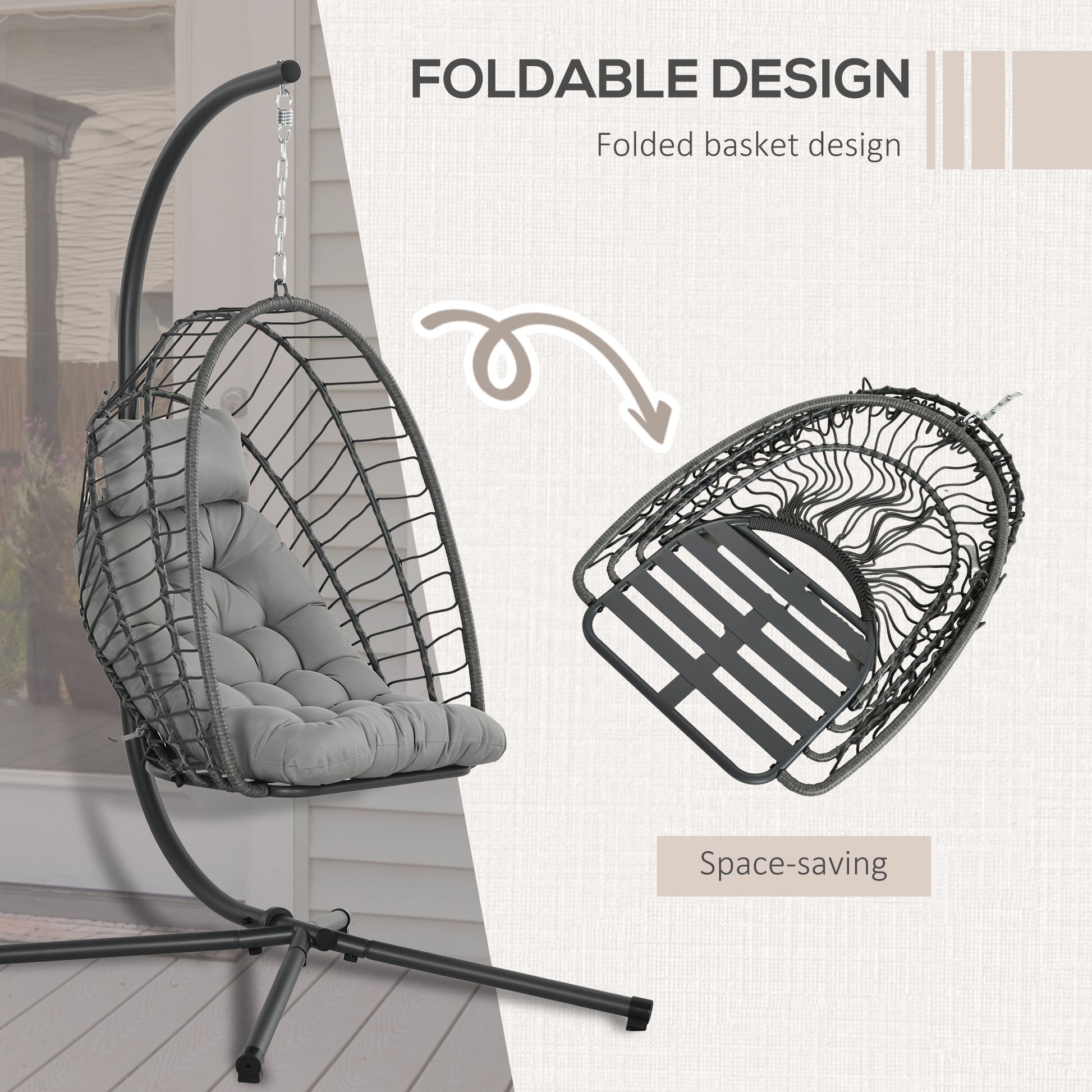Outsunny Outdoor PE Rattan Swing Chair with Foldable Basket and Cushion, Garden Patio Hanging Egg Chair with Metal Stand, Headrest for Indoor and Outdoor, Light Grey