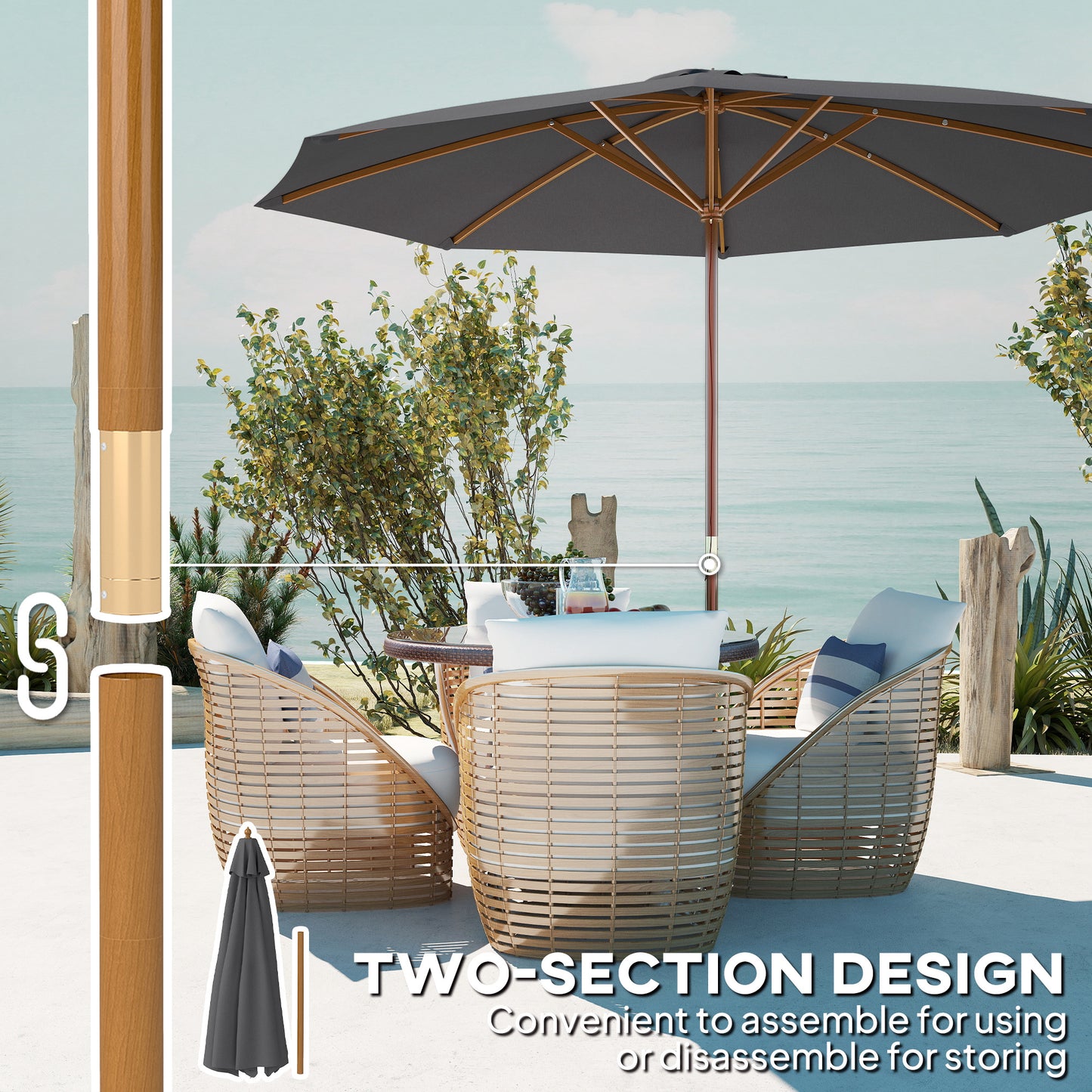 Outsunny 3m Wood Pole Parasol Umbrella - Grey