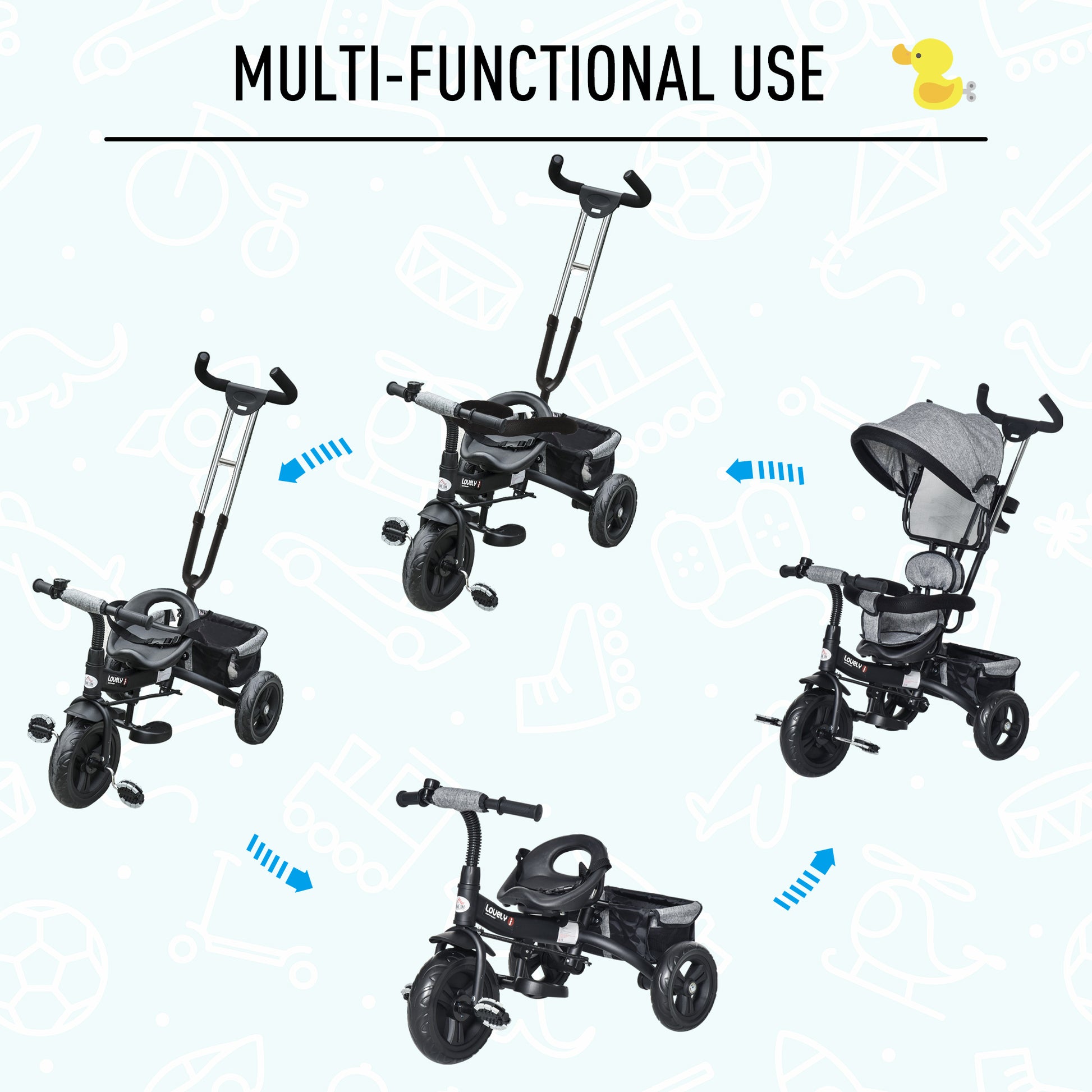 HOMCOM Toddler Bike Push Along Trike, 2-in-1 Cloth Tricycle Stroller w/ Push Handle, Detachable Guardrail & Storage Bag, Grey