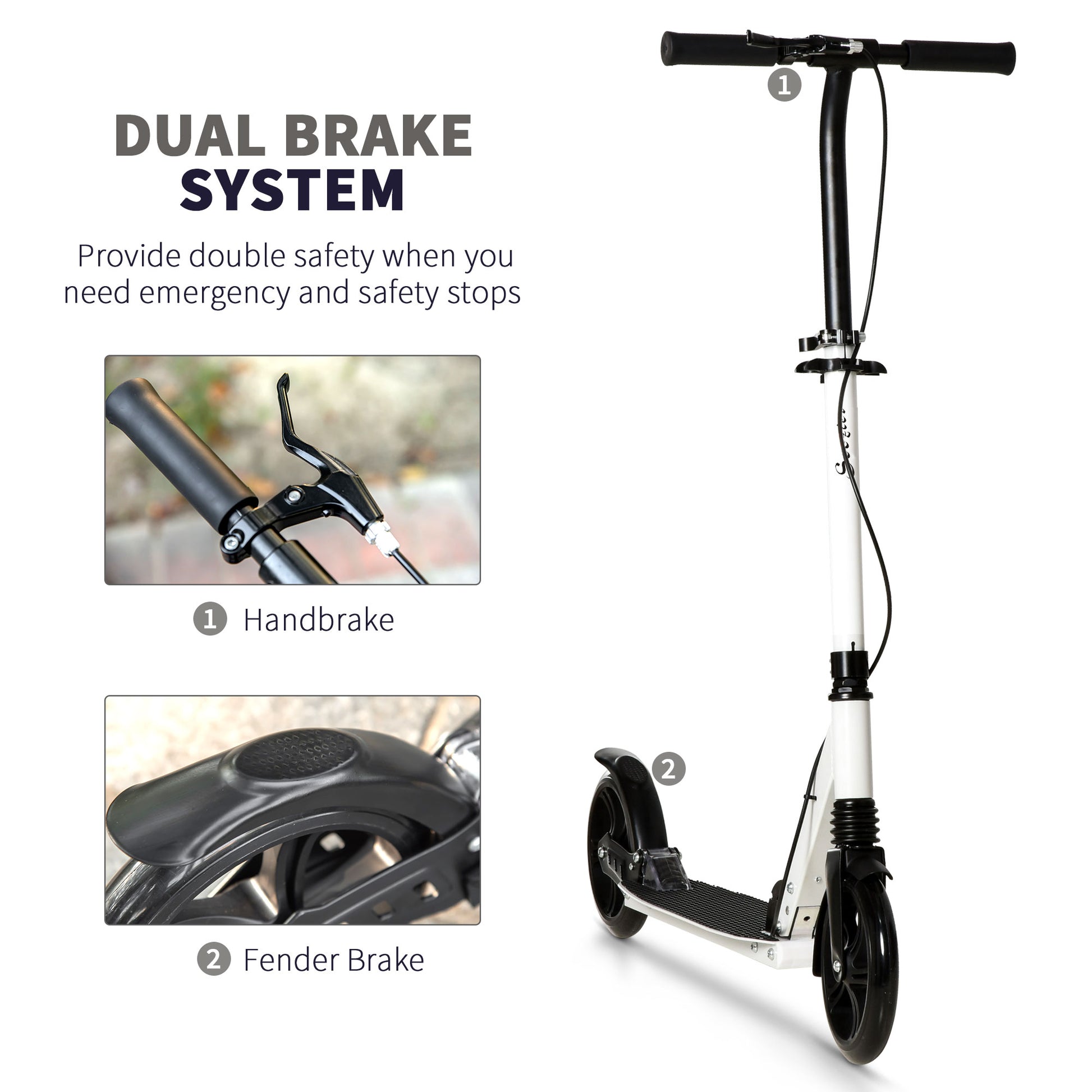 HOMCOM One-click Folding Kick Scooter for 14+ w/ Adjustable Handlebar, Push Scooter with Kickstand, Dual Brake System, Shock Absorber, White