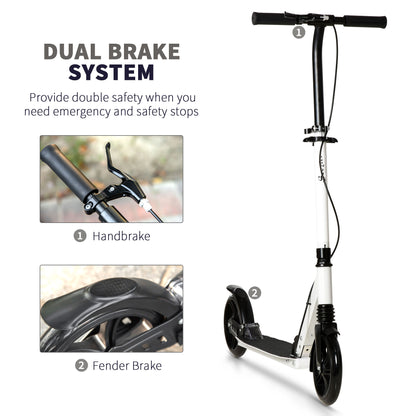 HOMCOM One-click Folding Kick Scooter for 14+ w/ Adjustable Handlebar, Push Scooter with Kickstand, Dual Brake System, Shock Absorber, White