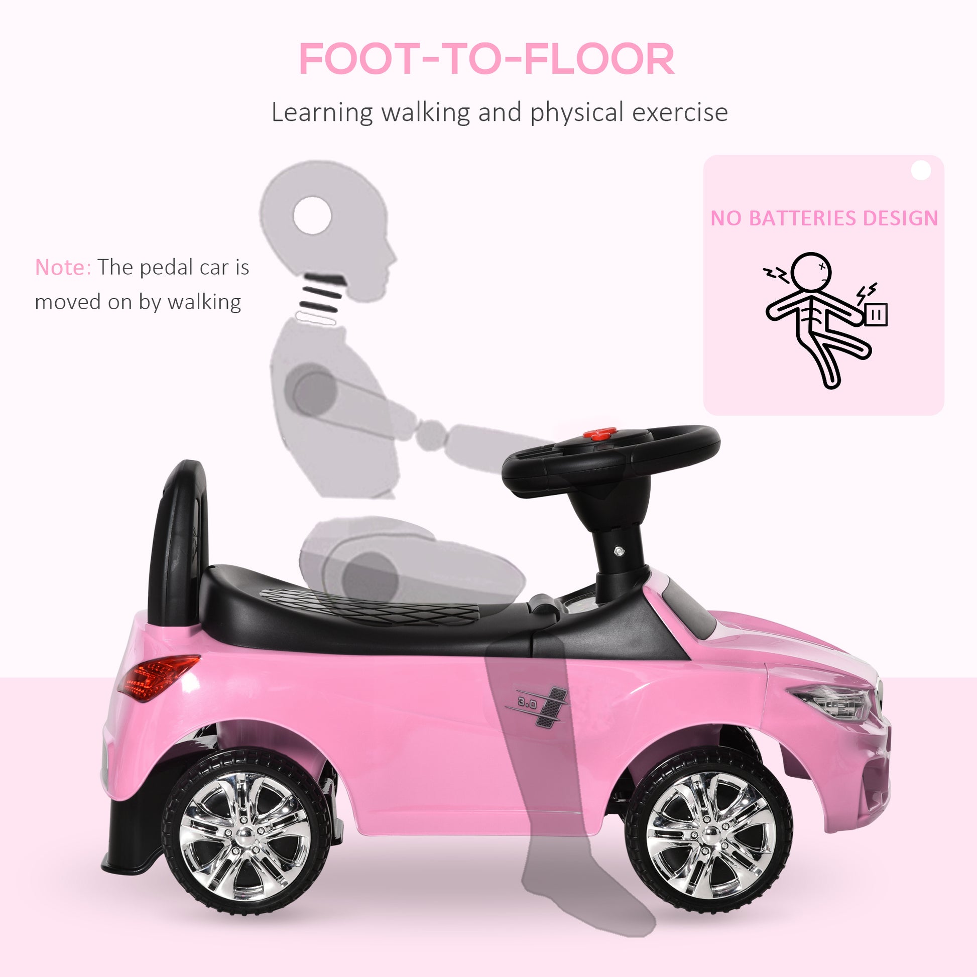 HOMCOM Ride on Sliding Car Baby Toddler Foot to Floor Slider Stroller w/ Horn Music Working Lights Hidden Storage Big Steering Wheel Pink