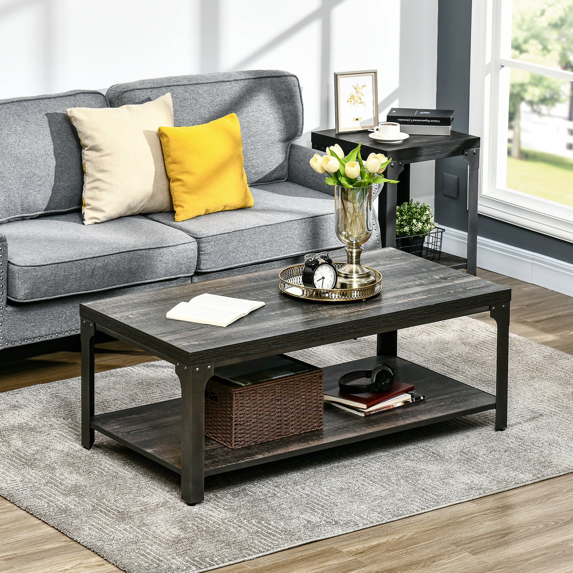HOMCOM Rustic Coffee Table with Storage Shelf, Cocktail Table with Steel Frame and Thickened Top for Living Room, Dark Walnut