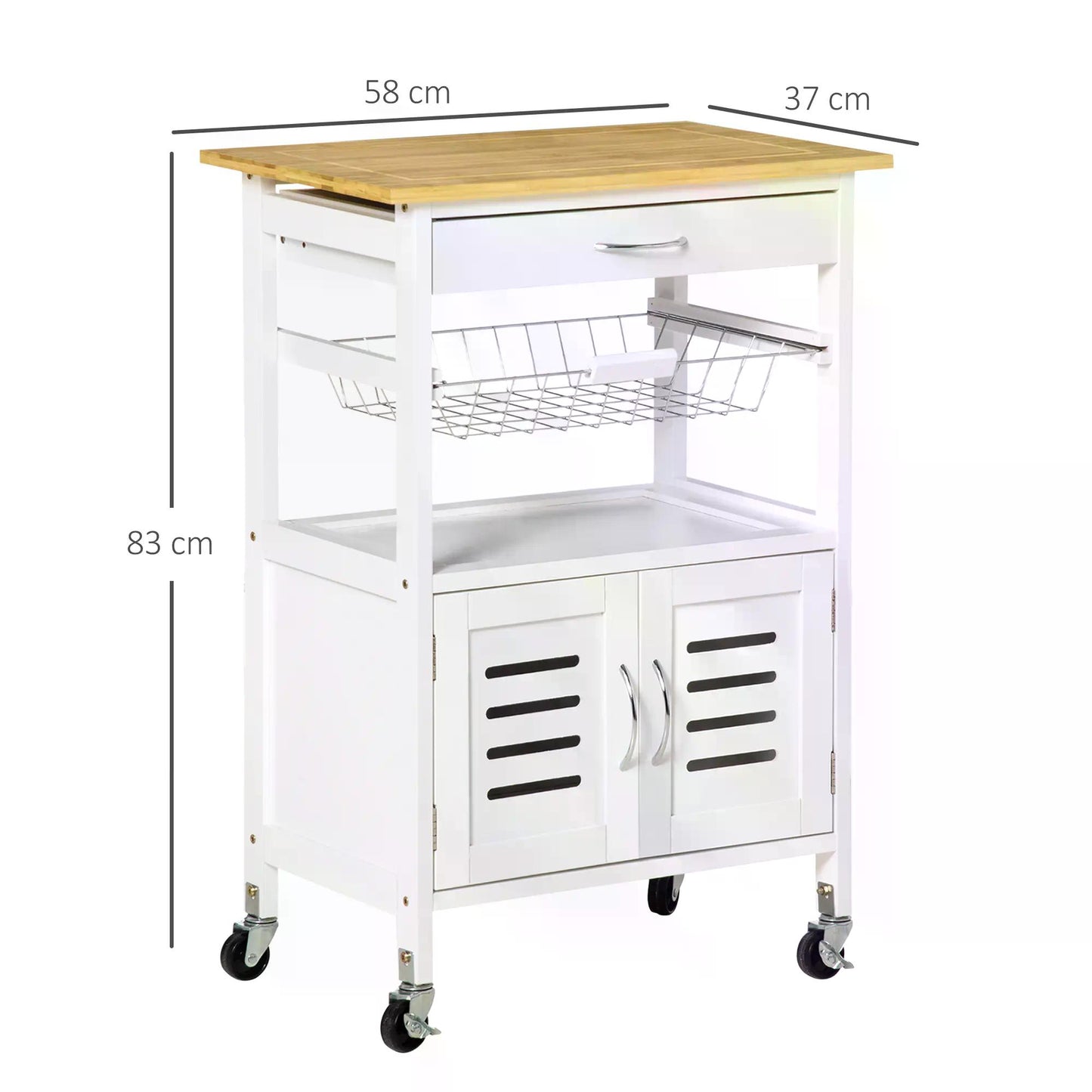 HOMCOM Rolling Kitchen Island Trolley Utility Cart on Wheels with Bamboo Table Top, Storage Cabinet, Drawer and Wire Basket - White