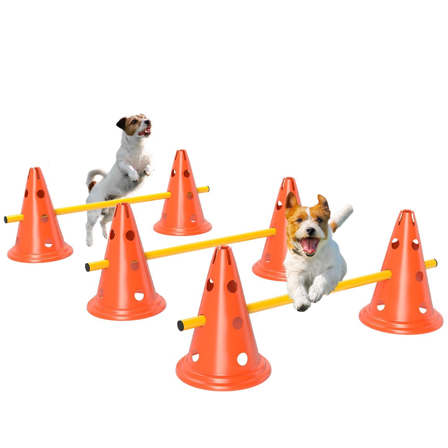 PawHut Dog Agility Equipment Set of Six Cones, Six Poles with Carry Bag, Three-Piece Adjustable Height Jumping Obstacles, Orang