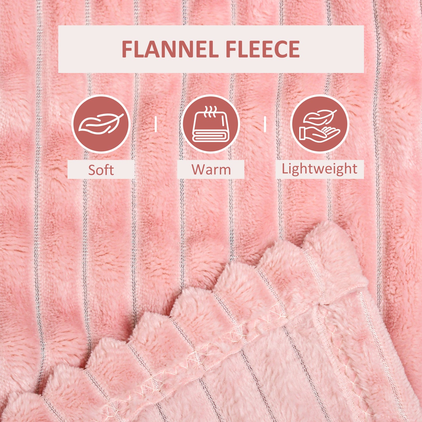 HOMCOM Flannel Fleece Throw Blanket, Fluffy Warm Throw Blanket, Striped Reversible Travel Bedspread, Double Size, 203 x 153cm, Pink