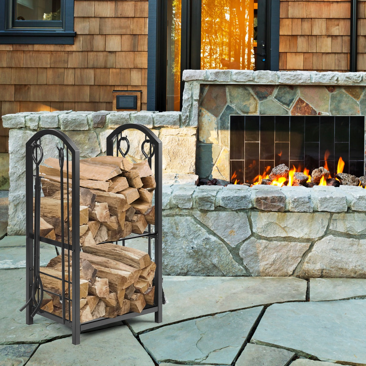 Firewood Log Rack with 4 Pieces Fireplace Tools-Black