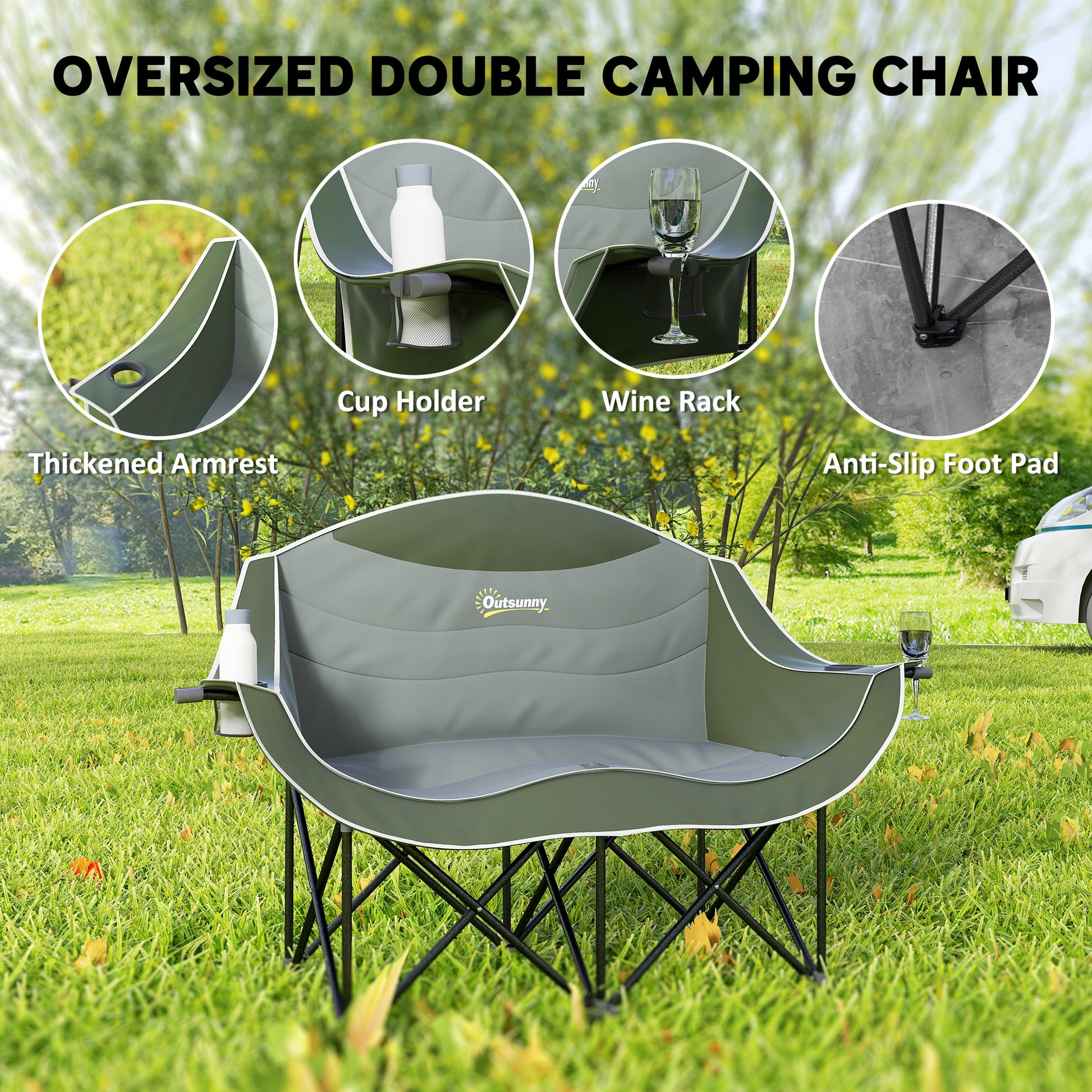 Outsunny Double Camping Chair for Adults, Oversized Heavy Duty Padded Folding Chair with Armrests, Cup Holders and Carry Bag for Outdoor Camping Hiking Picnic Fishing, 250kg Capacity, Green