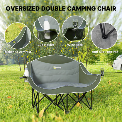 Outsunny Double Camping Chair for Adults, Oversized Heavy Duty Padded Folding Chair with Armrests, Cup Holders and Carry Bag for Outdoor Camping Hiking Picnic Fishing, 250kg Capacity, Green