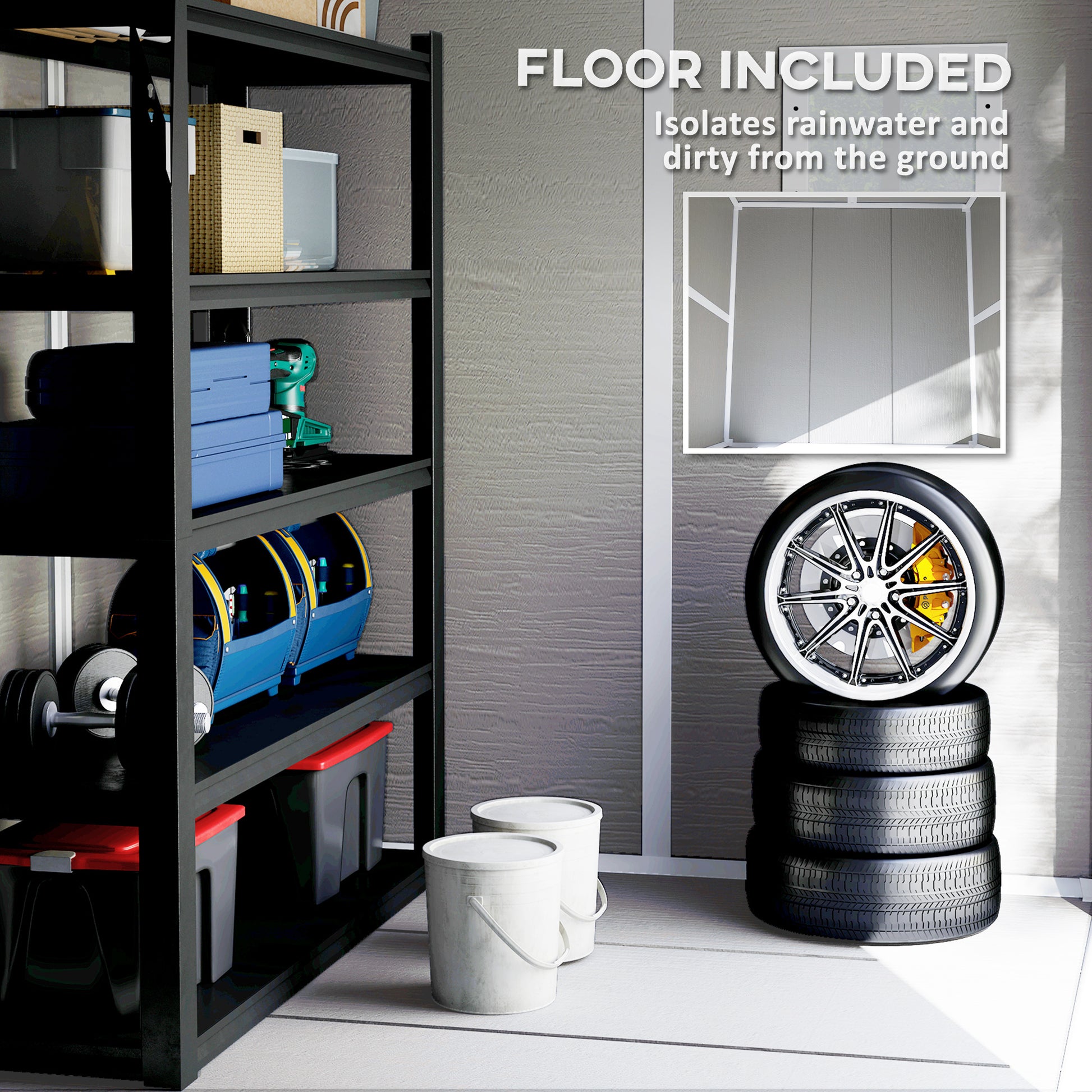 Outsunny 6 x 5ft Garden Shed, Plastic Shed with Floor, Window, Lockable Doors and Vents, Wood Effect Resin Tool Shed for Outdoor Patio, Light Grey