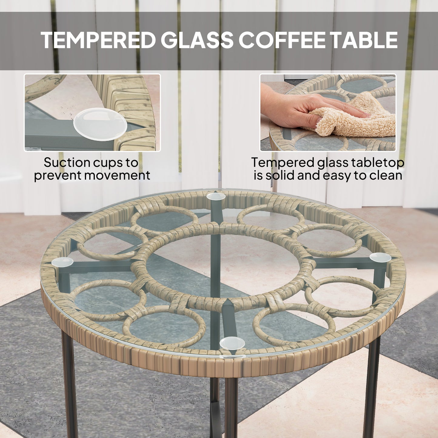 Outsunny 3 Piece Rattan Bistro Set, Wicker Garden Furniture Set with Cushions, Glass Top Coffee Table and Chairs for Outdoor, Patio, Balcony, Beige