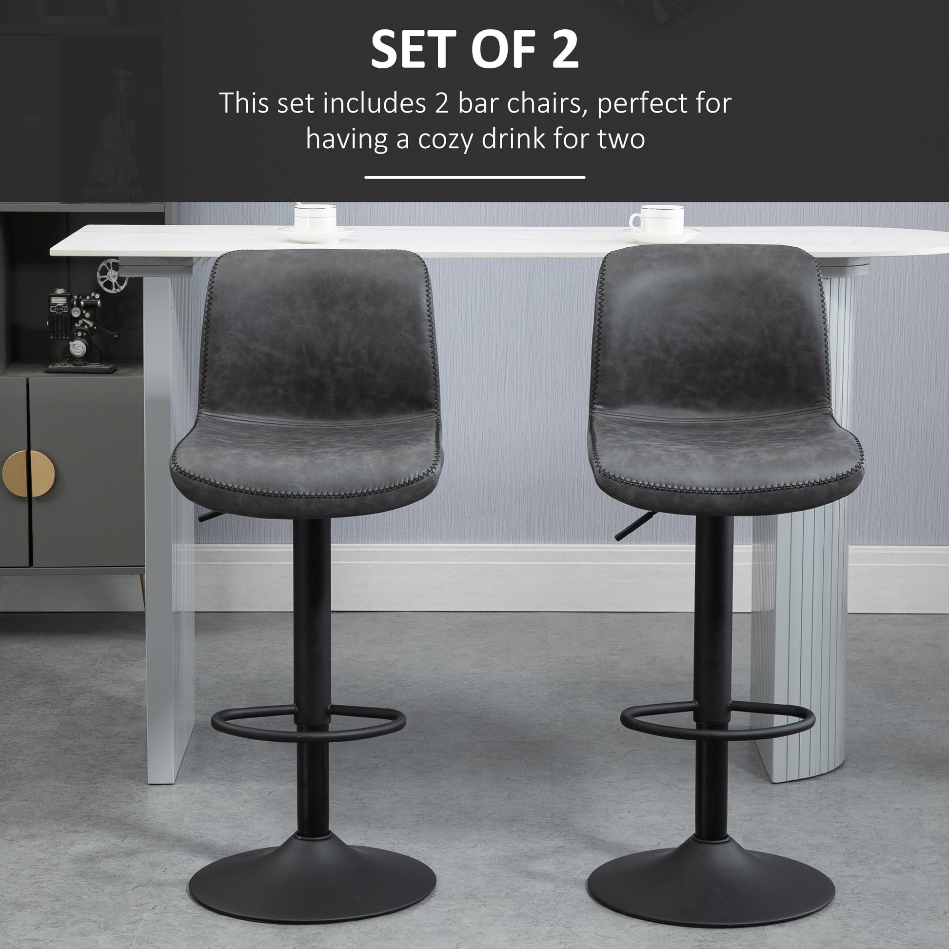 HOMCOM Set of 2 Leather Bar Stool Adjustable Height Swivel Footrest and Base for Breakfast Bar, Kitchen and Home, Grey