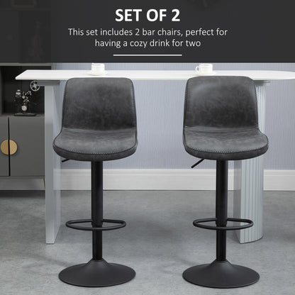 HOMCOM Set of 2 Leather Bar Stool Adjustable Height Swivel Footrest and Base for Breakfast Bar, Kitchen and Home, Grey