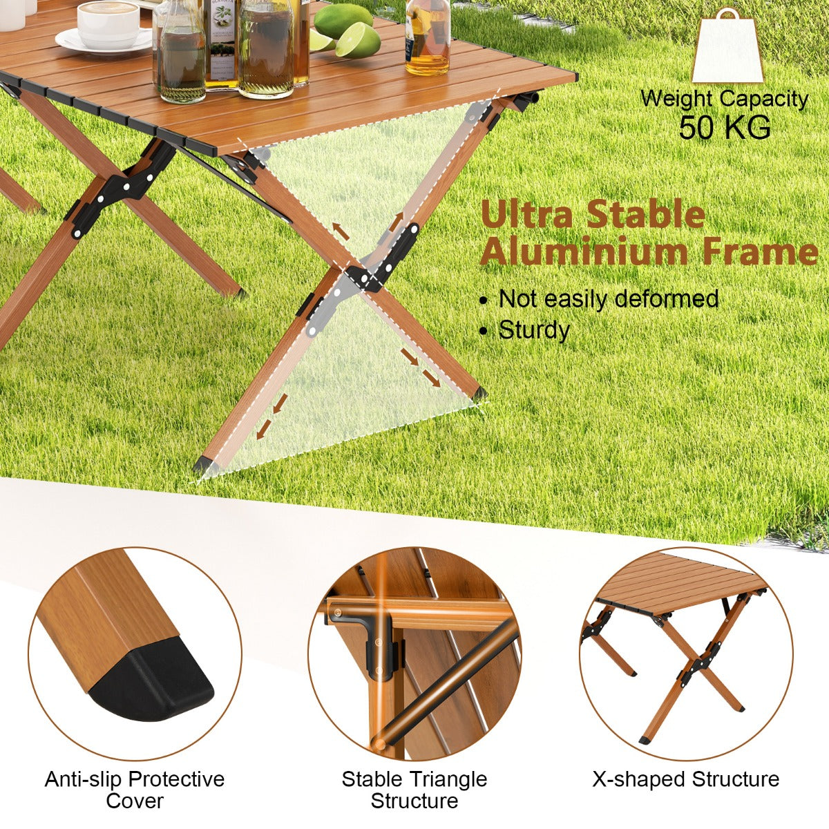 Folding Aluminum Camping Table with Wood Grain and Carry Bag for Camping Picnic-Natural