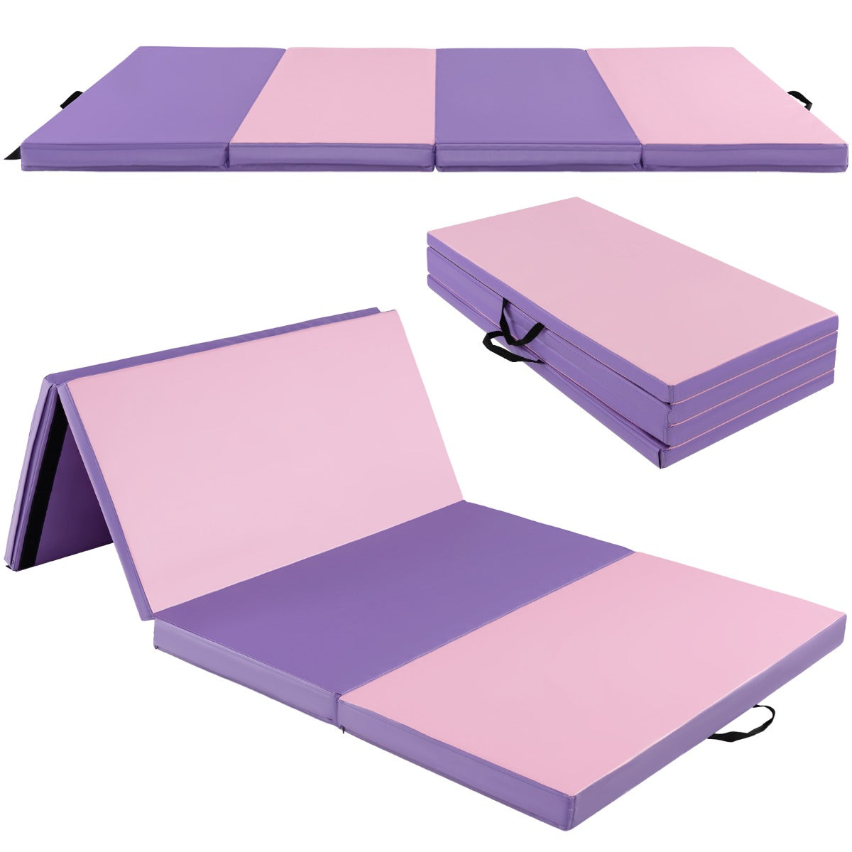 Folding Gymnastics Mat with Carry Handles, Hook and Loop Fasteners-Pink &amp;amp;amp;amp; Purple