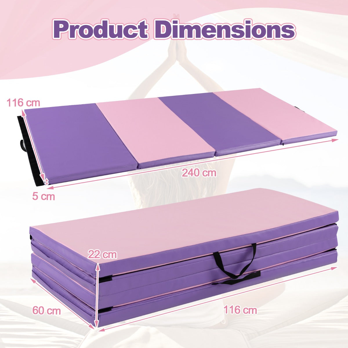Folding Gymnastics Mat with Carry Handles, Hook and Loop Fasteners-Pink &amp;amp;amp;amp; Purple