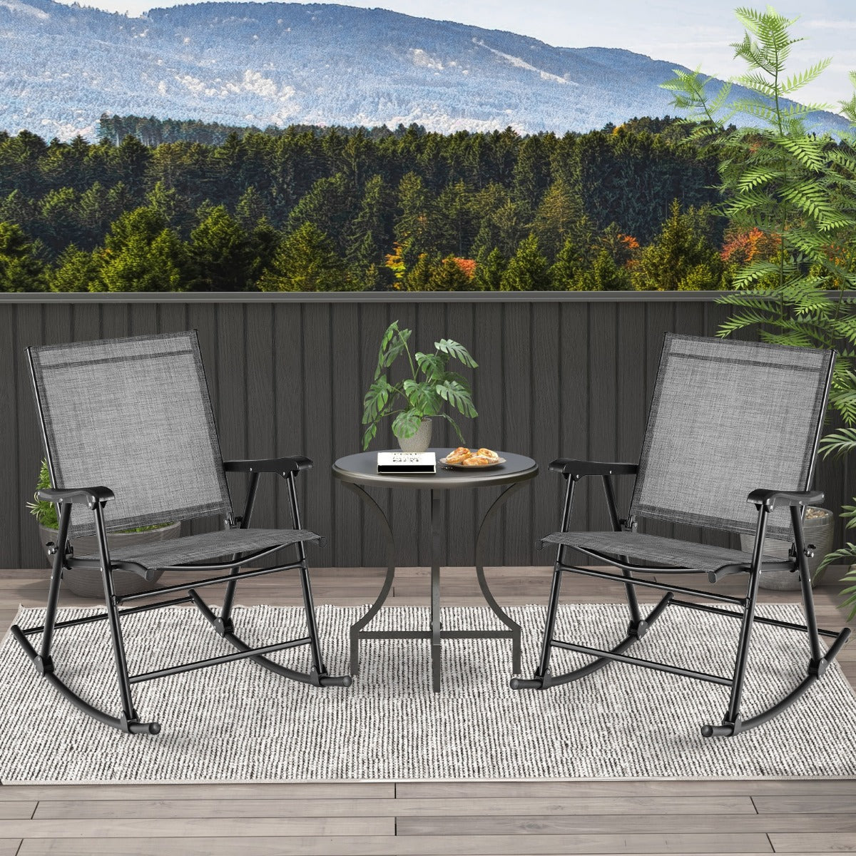 Folding Rocking Chair Set of 2 with Breathable Seat Fabric and Sturdy Metal Frame-Brown