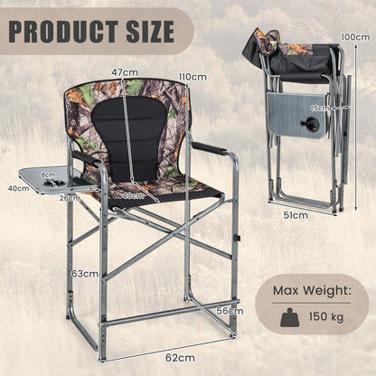 Folding Tall Hunting Chair with Side Table, Detachable Footrest, Cup Holder