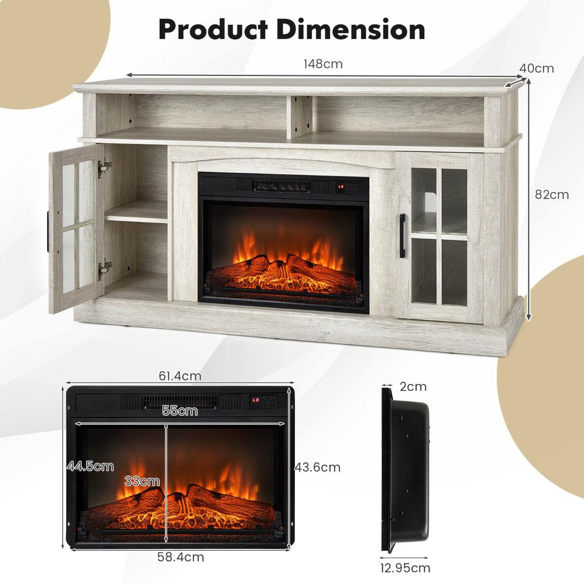 58 Inch Rustic Fireplace TV Stand with 2 Open Storage Compartments-Gray