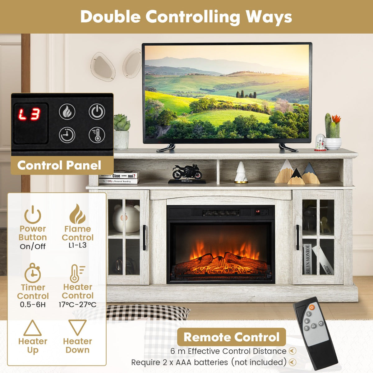 58 Inch Rustic Fireplace TV Stand with 2 Open Storage Compartments-Gray