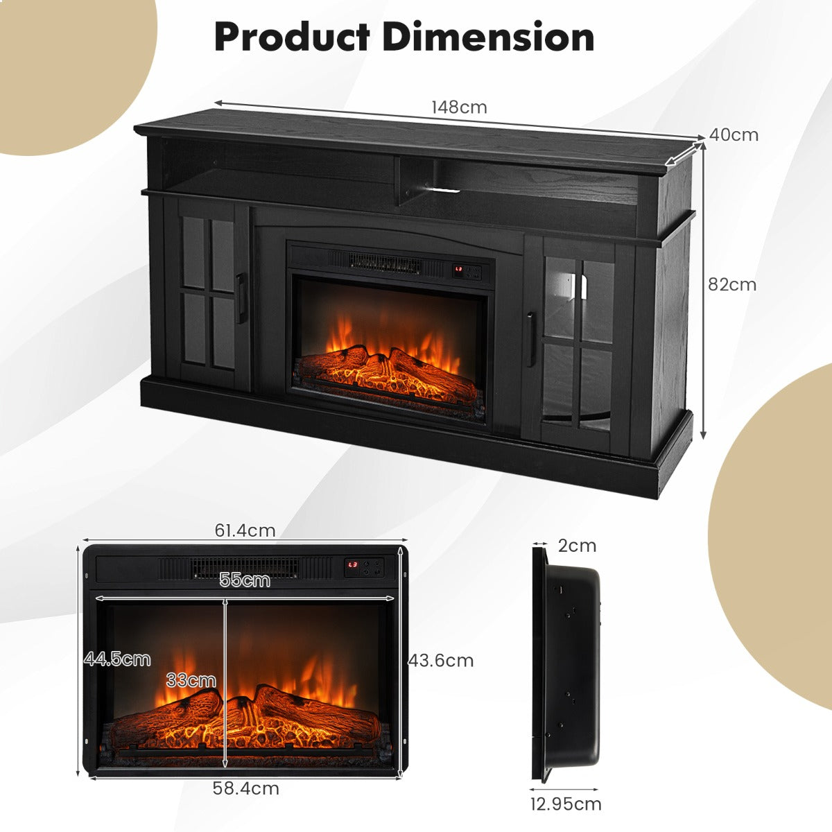 58 Inch Rustic Fireplace TV Stand with 2 Open Storage Compartments-Black