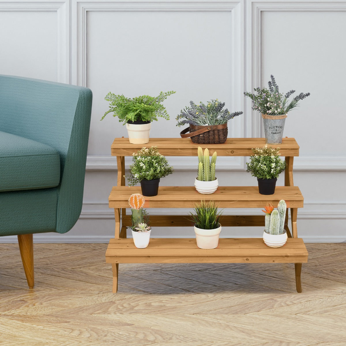 Fir Wood Flower Pot Display Shelf Rack for Indoor Outdoor Use