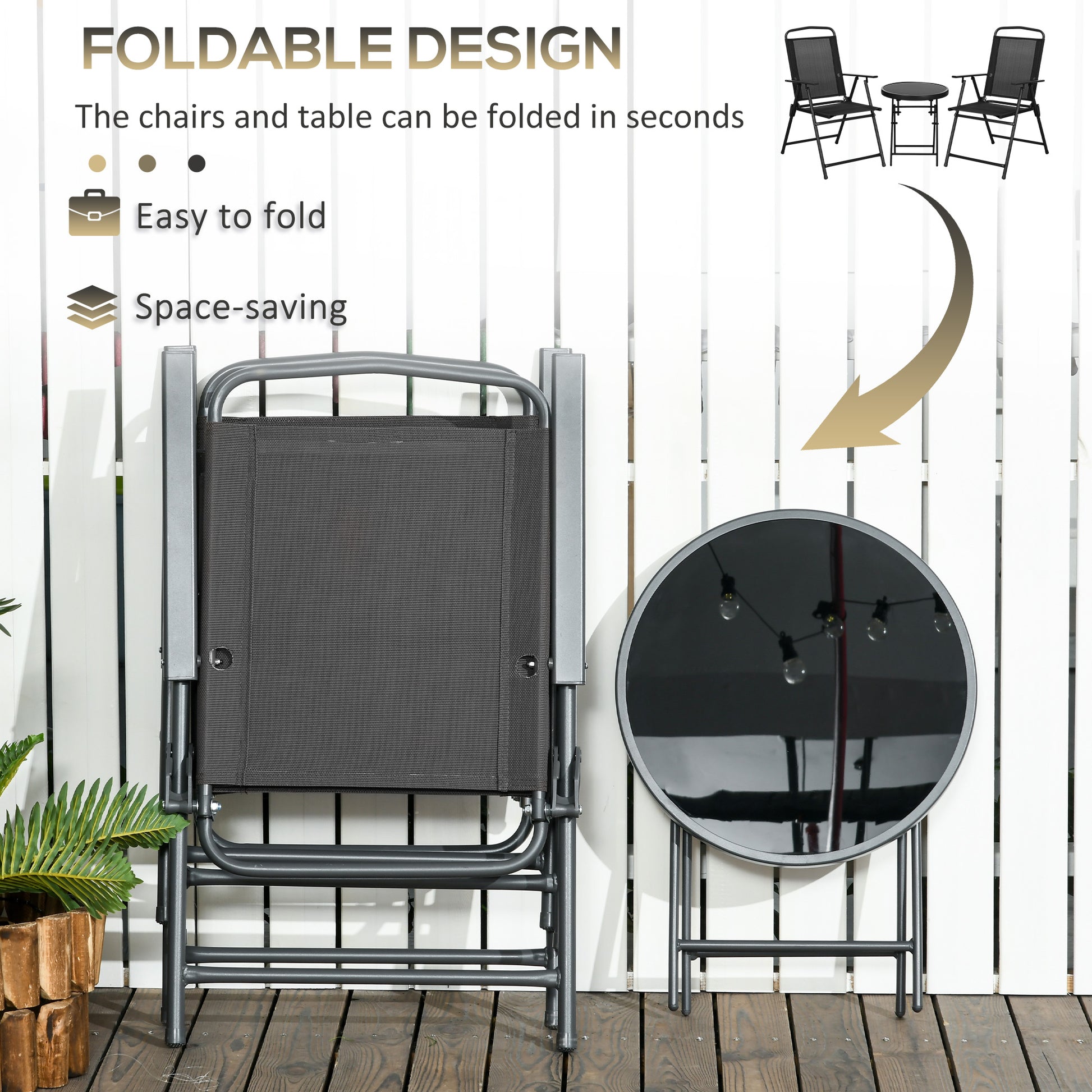Outsunny Three-Piece Garden Seat Set, with Glass-Top Table - Black