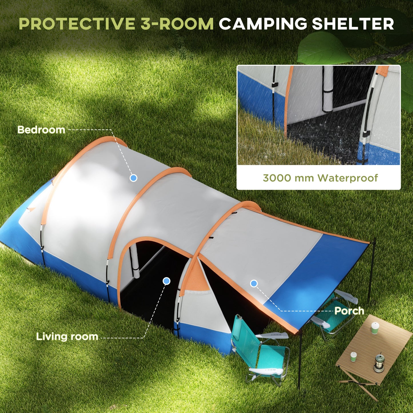 Outsunny Camping Tent, Large Tunnel Tent with Bedroom and Living Area, 2000mm Waterproof, Portable with Bag for 2-3 Man, Orange