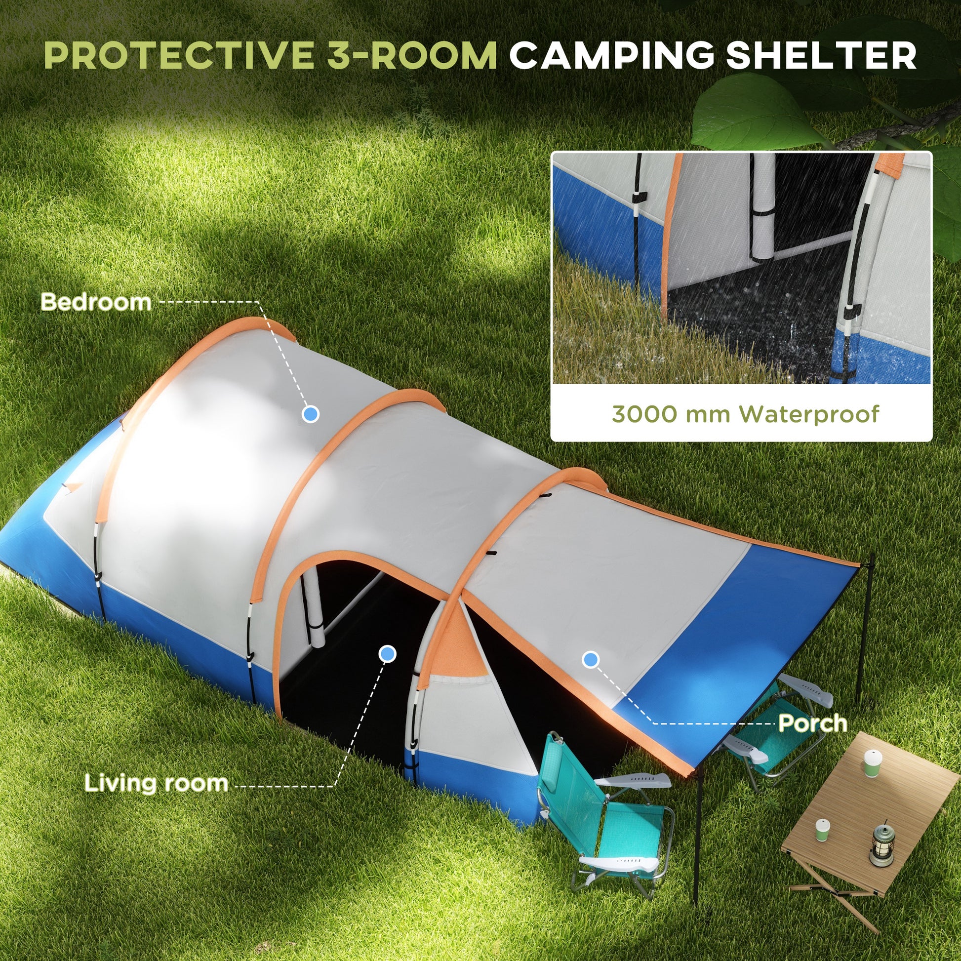 Outsunny Camping Tent, Large Tunnel Tent with Bedroom and Living Area, 2000mm Waterproof, Portable with Bag for 2-3 Man, Orange