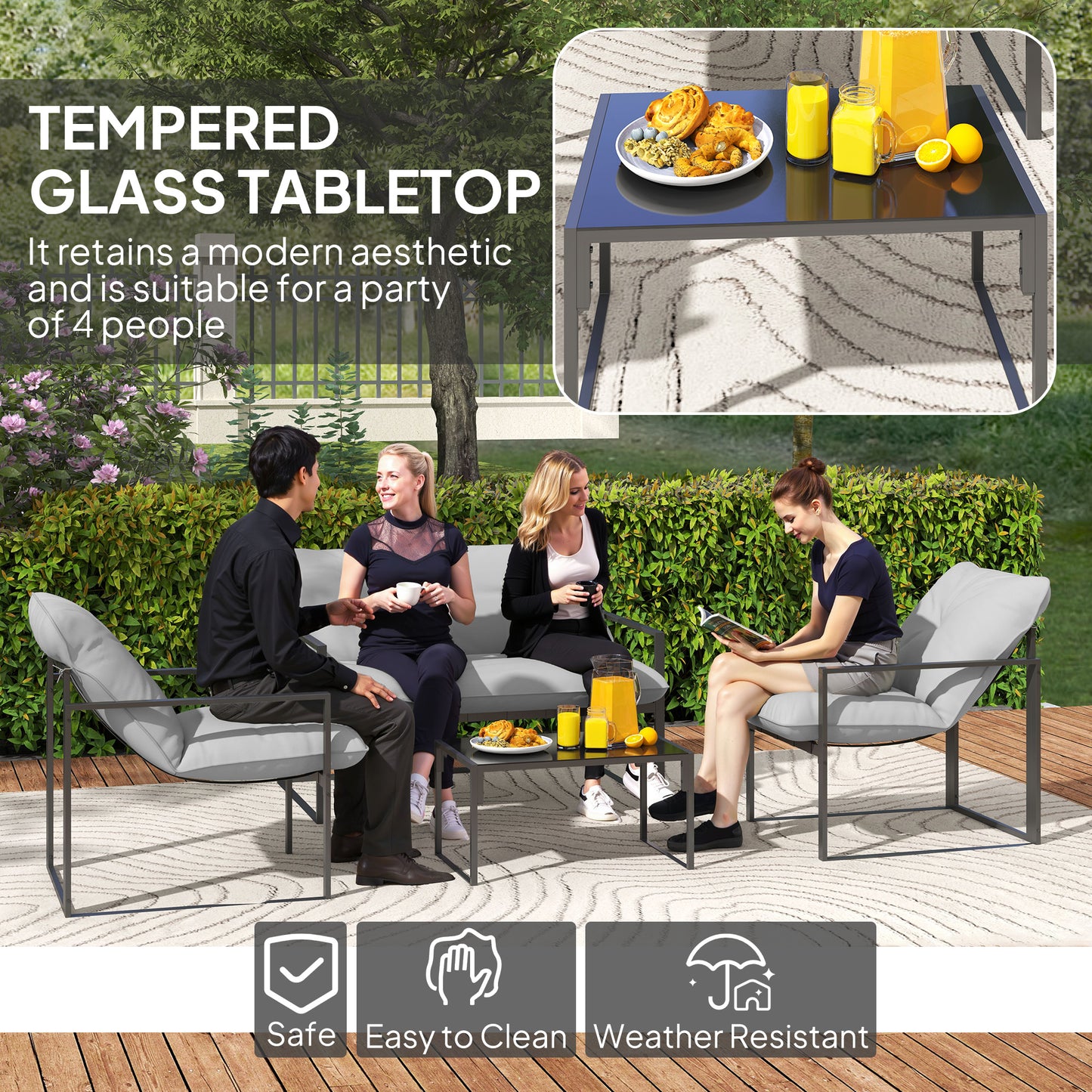 Outsunny Four-Piece Relaxed Back Garden Dining Set - Black/Light Grey