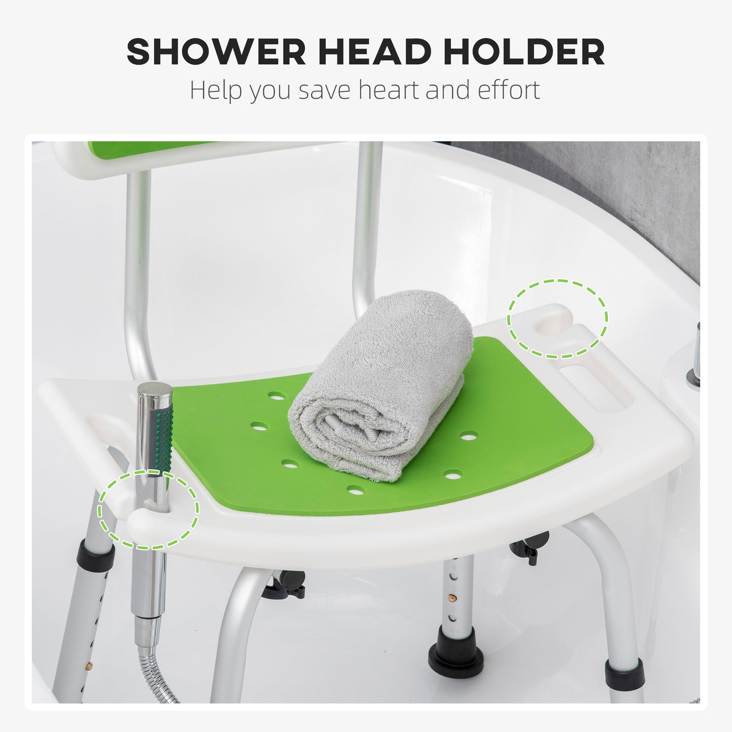 HOMCOM Shower Chair for the Elderly and Disabled, 6-Level Height Adjustable Shower Stool with Backrest, Curved Seat, Anti-slip Foot Pads, Green